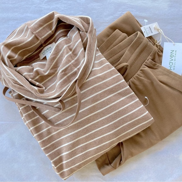 Talbots Haven 2pc Lounge Set Funnel Neck Pullover/Jogger Camel/White (Size XS) - Picture 2 of 9